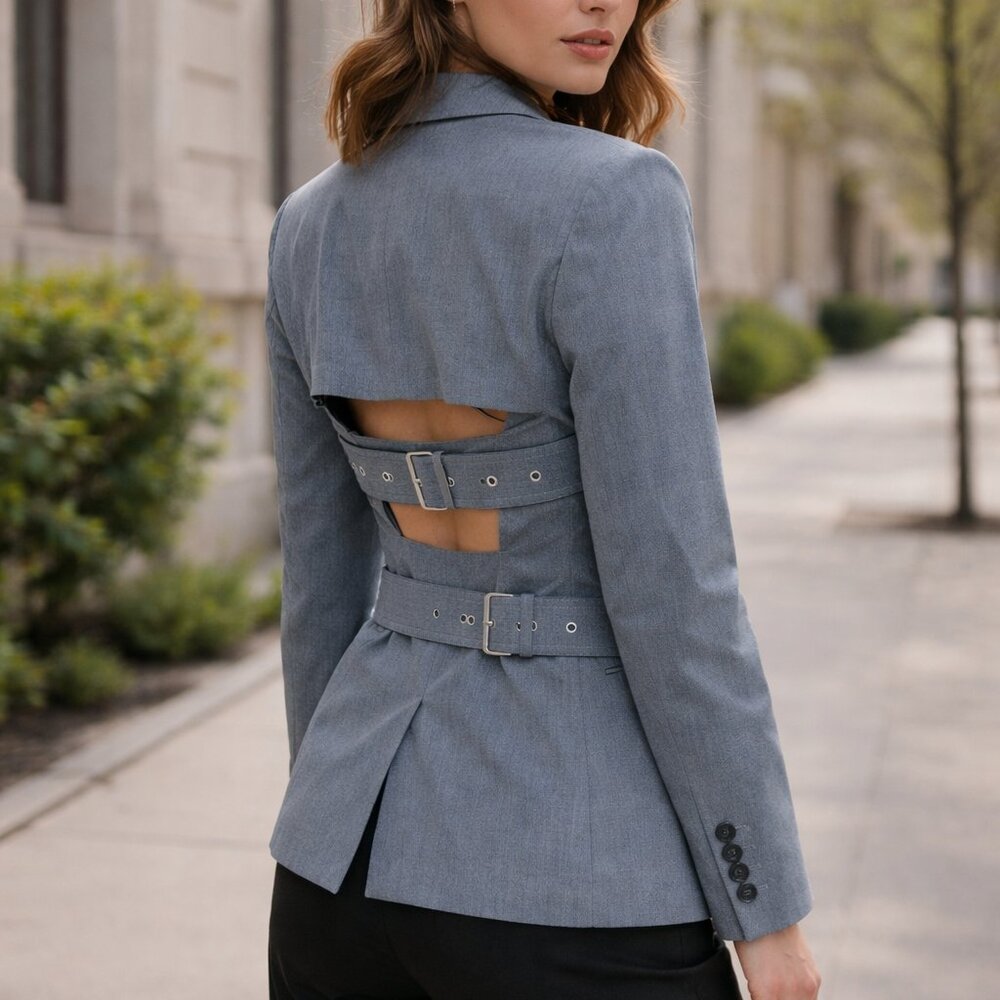 Helmut Lang Cutout Back Gray Wool Belted Blazer Jacket NWOT - Picture 4 of 11
